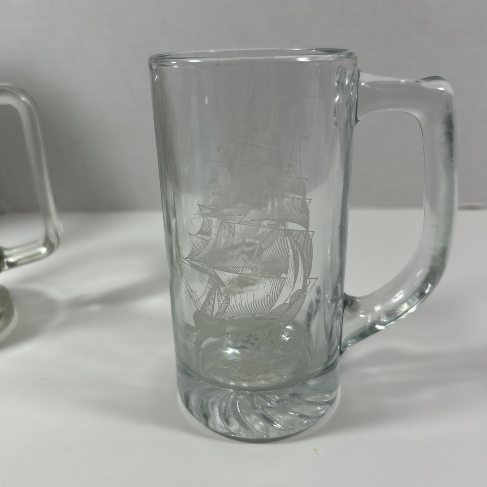 Vintage Beer Mug Glass Sail‎ Boat Swirl Bottom With Handle Etched Replacement